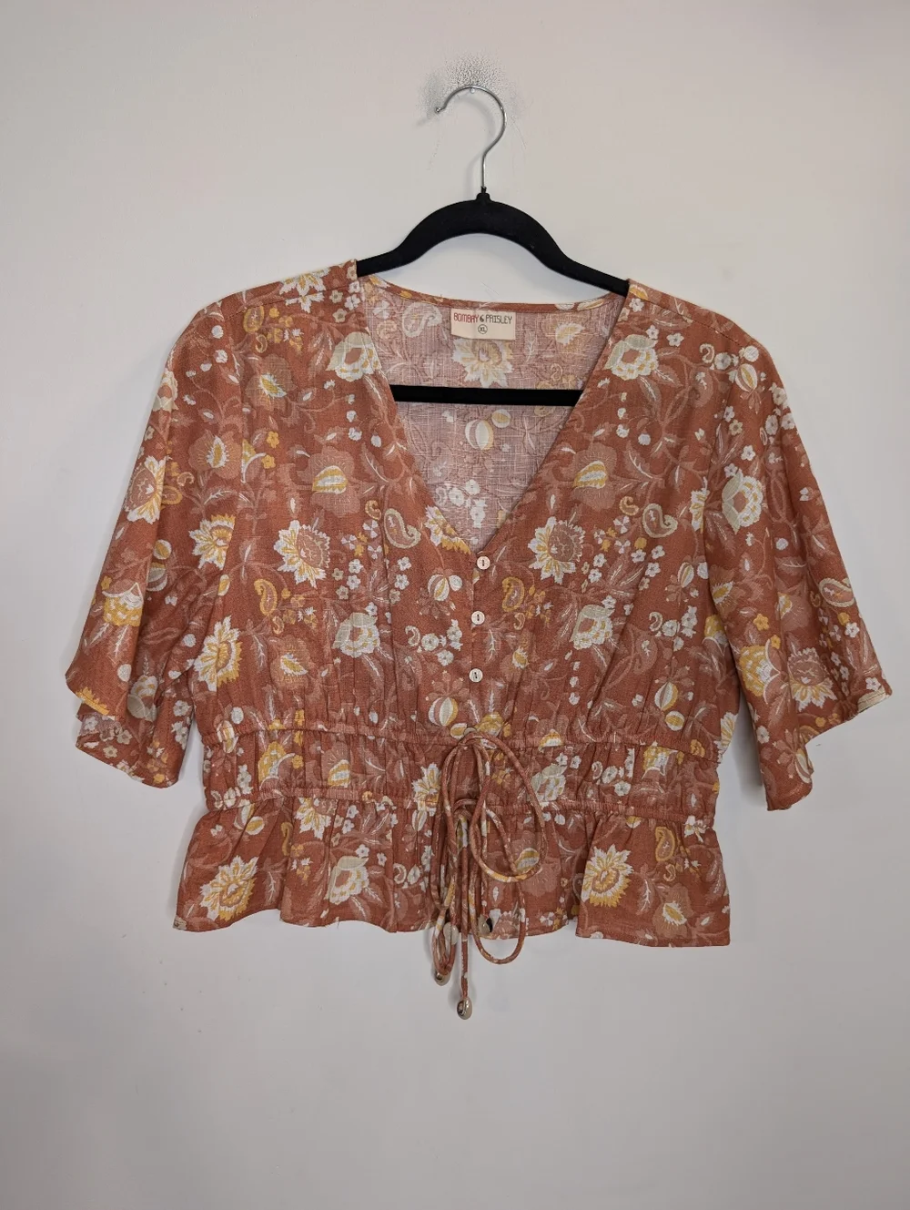 Bombay & Paisley Boho Floral Peplum Top XL Rust Tie Front Blouse - Picture 2 of 5